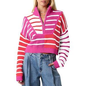 Women’s Rose Red Saodi mallsu Striped Cropped Zip Up Sweater, Color Block
